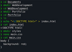 An open shell modifying an HTML and CSS project.